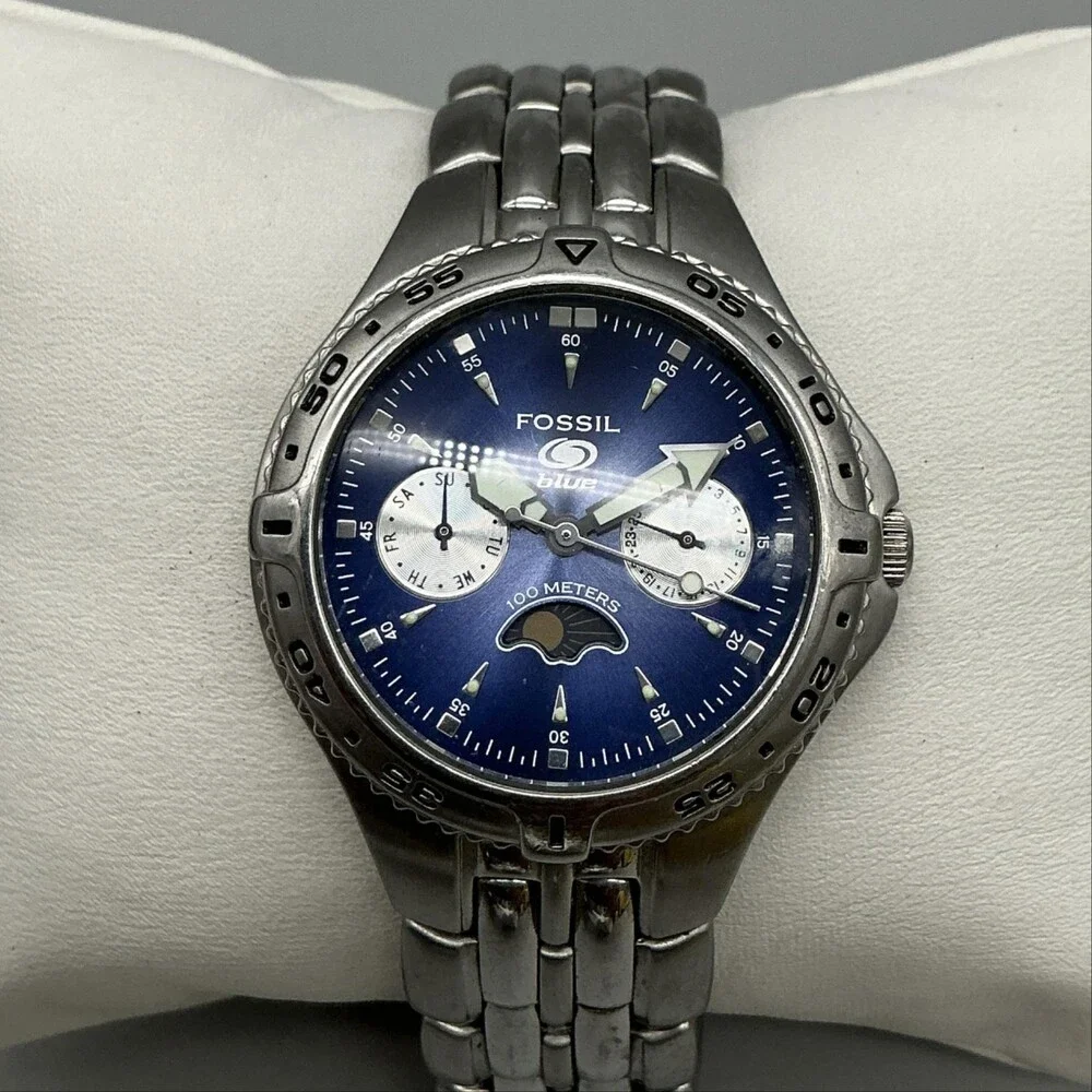 Fossil Blue BQ-9139 Men Watch 35mm Blue Dial Stainless Moon Phase New Battery 7